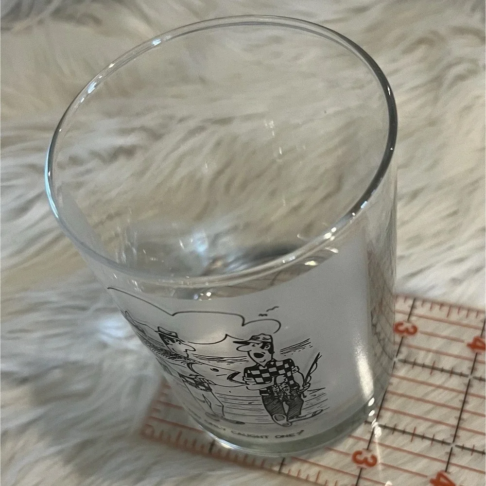 Vintage Bill Davey Fishing Cartoon Frosted Rocks Glasses Set of 4 Mid Century